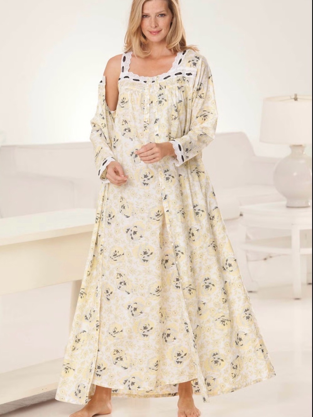 Only Necessities Yellow/Gray Floral Lace-Trimmed Nightgown and Matching Robe